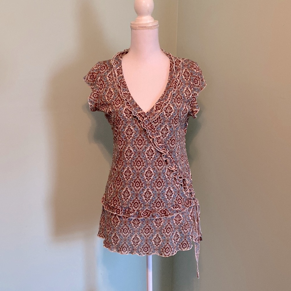 DYNY JEANS Womens Tunic Dress Top - LG Turquoise and Brown- V Neckline